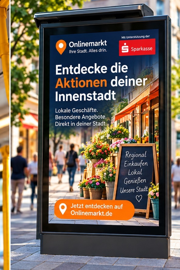 Beispiel einer digitalen Außenwerbung für Innenstadtaktionen mit Onlinemarkt und Unterstützerhinweis